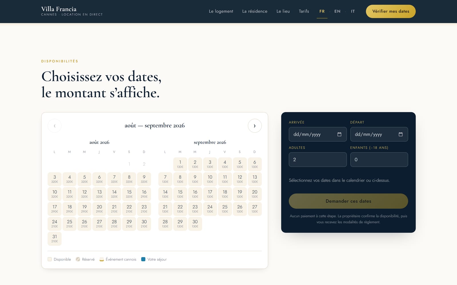 Calendrier de disponibilités et devis automatique
